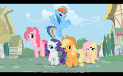 Size: 1024x640 | Tagged: safe, derpibooru import, screencap, applejack, fluttershy, pinkie pie, rainbow dash, rarity, twilight sparkle, earth pony, pegasus, pony, unicorn, sisterhooves social, youtube caption