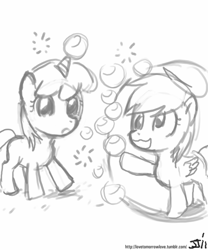 Size: 500x600 | Tagged: safe, artist:johnjoseco, derpy hooves, dinky hooves, :3, bubble, filly, foal, grayscale, monochrome