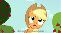 Size: 856x473 | Tagged: safe, derpibooru import, screencap, applejack, earth pony, pony, africa, solo, youtube caption