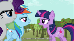 Size: 855x470 | Tagged: safe, derpibooru import, screencap, rainbow dash, rarity, twilight sparkle, pegasus, pony, unicorn, the super speedy cider squeezy 6000, youtube caption