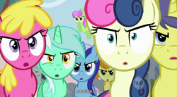 Size: 854x472 | Tagged: safe, screencap, bon bon, carrot top, cherry berry, comet tail, golden harvest, lucky clover, merry may, minuette, neon lights, rising star, sweetie drops, the super speedy cider squeezy 6000, terrorist, this will end in pain, youtube caption