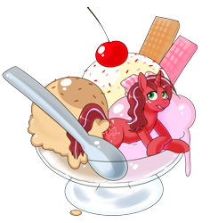 Size: 990x1048 | Tagged: safe, artist:redintravenous, oc, oc only, oc:red ribbon, pony, unicorn, female, food, ice cream, mare, micro