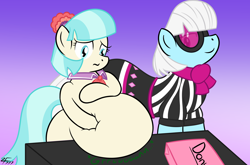 Size: 2840x1877 | Tagged: safe, artist:zeldafan777, coco pommel, photo finish, fanfic:a little cream for a lotta coco, belly, big belly, coco pudge, fanfic, fanfic art, fat, gut rest, stomach noise