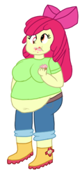 Size: 244x518 | Tagged: safe, artist:1992zepeda, apple bloom, series:ask chubby apple bloom [cupcake eating pony], equestria girls, apple blob, apple bloomed, belly button, big breasts, breasts, cupcake, derp, eating, fat, female, food, messy eating, simple background, solo, transparent background, vector