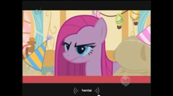 Size: 854x475 | Tagged: safe, derpibooru import, screencap, madame leflour, pinkie pie, sir lintsalot, earth pony, pony, party of one, ei, hentai, hub logo, pinkamena diane pie, youtube caption