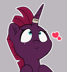 Size: 1280x1369 | Tagged: safe, artist:pabbley, fizzlepop berrytwist, tempest shadow, pony, unicorn, my little pony: the movie, 30 minute art challenge, bandage, bandaged horn, broken horn, bust, close enough, cute, eye scar, gray background, heart, looking up, malocclusion, scar, simple background, smiling, solo, tempest gets her horn back, tempestbetes