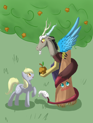 Size: 1200x1600 | Tagged: safe, artist:tomat-in-cup, derpy hooves, discord, fluttershy, draconequus, pegasus, bible, blushing, coils, dendrification, drool, eyes on the prize, female, fluttertree, inanimate tf, looking up, male, mare, muffin, plant tf, raised hoof, species swap, tree