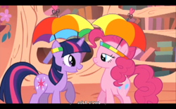 Size: 640x400 | Tagged: safe, derpibooru import, screencap, pinkie pie, twilight sparkle, earth pony, pony, feeling pinkie keen, golden oaks library, hat, meme, umbrella hat, youtube caption