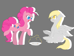 Size: 1600x1200 | Tagged: safe, artist:tomat-in-cup, derpy hooves, pinkie pie, earth pony, pegasus, pony, duo, eating, female, gray background, mare, open mouth, plate, puffy cheeks, raised hoof, simple background, sitting, smiling