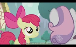 Size: 640x400 | Tagged: safe, screencap, apple bloom, sweetie belle, earth pony, pony, female, filly, youtube caption