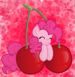 Size: 619x632 | Tagged: safe, artist:mischakins, pinkie pie, earth pony, pony, cherry, food, micro, sakura pie