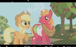 Size: 640x400 | Tagged: safe, derpibooru import, screencap, applejack, big macintosh, earth pony, pony, applebuck season, male, stallion, youtube caption