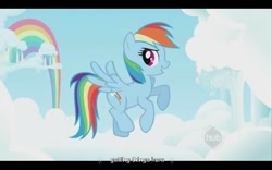 Size: 640x400 | Tagged: safe, derpibooru import, screencap, rainbow dash, pegasus, pony, intro, opening, youtube caption