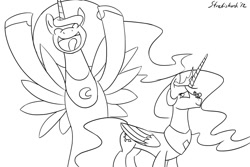 Size: 990x660 | Tagged: safe, princess celestia, princess luna, alicorn, pony, unicorn, macro, monochrome