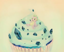 Size: 1500x1209 | Tagged: safe, artist:sneeze-snicker, spike, dragon, cupcake, food, giant food, gradient background, micro, sapphire, sapphire cupcake, sitting, solo