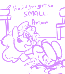 Size: 433x491 | Tagged: safe, artist:mt, pinkie pie, oc, oc:anon, earth pony, pony, female, mare, micro, monochrome, on back