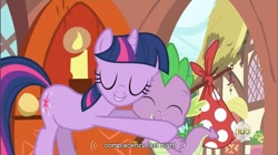 Size: 855x480 | Tagged: safe, screencap, spike, twilight sparkle, dragon, dragon quest, hub logo, youtube caption