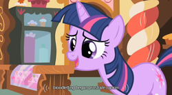 Size: 640x355 | Tagged: safe, screencap, twilight sparkle, pony, unicorn, female, horn, mare, mlp-captions, youtube caption