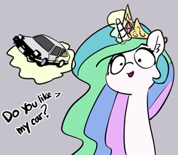 Size: 1189x1037 | Tagged: safe, artist:dsp2003, artist:pabbley, edit, princess celestia, alicorn, pony, car, dialogue, female, friendship is magic bitch, gas gas gas (manuel), glowing horn, gray background, initial d, jewelry, levitation, magic, manuel caramori, mare, regalia, simple background, solo, song reference, telekinesis, toy car, toyota, toyota sprinter trueno [ae86]