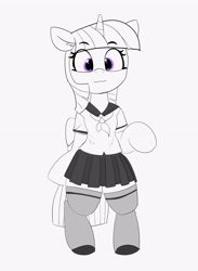 Size: 2274x3112 | Tagged: safe, artist:pabbley, twilight sparkle, twilight sparkle (alicorn), alicorn, pony, semi-anthro, :3, bipedal, clothes, cute, female, human shoulders, humanoid torso, looking at you, mare, monochrome, neo noir, partial color, pleated skirt, raised hoof, school uniform, simple background, skirt, smiling, socks, solo, thigh highs, twiabetes, zettai ryouiki