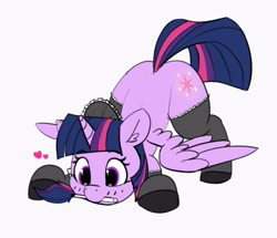 Size: 1256x1080 | Tagged: safe, artist:pabbley, color edit, edit, twilight sparkle, twilight sparkle (alicorn), alicorn, pony, blushing, clothes, colored, cute, duster, ear fluff, face down ass up, female, floating heart, heart, maid, maid headdress, mare, mouth hold, shoes, simple background, smiling, socks, solo, spread wings, stockings, thigh highs, twiabetes, white background, wings