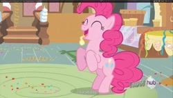 Size: 1920x1080 | Tagged: safe, derpibooru import, screencap, pinkie pie, earth pony, pony, balloon, female, mare, pink coat, pink mane, youtube caption