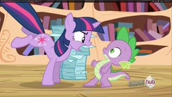 Size: 1920x1080 | Tagged: safe, screencap, spike, twilight sparkle, dragon, pony, unicorn, female, horn, mare, youtube caption