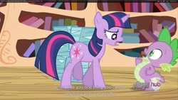 Size: 1920x1080 | Tagged: safe, screencap, spike, twilight sparkle, dragon, the crystal empire, youtube caption