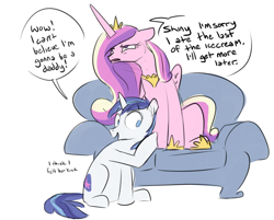 Size: 1944x1564 | Tagged: safe, artist:nobody, princess cadance, shining armor, alicorn, pony, unicorn, belly, dialogue, fat, food baby, not pregnant, sarcasm, simple background, sitting, sofa, teasing, white background