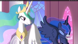 Size: 1920x1080 | Tagged: safe, screencap, princess celestia, princess luna, alicorn, pony, hub logo, youtube caption