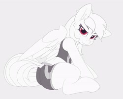 Size: 4096x3331 | Tagged: safe, artist:pabbley, rainbow dash, pegasus, pony, bra, clothes, ear fluff, female, gray background, lidded eyes, looking at you, mare, monochrome, neo noir, partial color, shorts, simple background, sitting, smiling, solo, sports bra, sports shorts, underwear, workout outfit