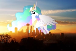 Size: 800x533 | Tagged: safe, artist:destructodash, princess celestia, pony, giant pony, irl, macro, photo, ponies in real life, seattle, sunrise, vector