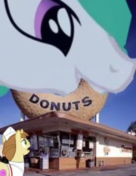 Size: 1020x1320 | Tagged: safe, artist:oceanrailroader, donut joe, princess celestia, pony, donut, donut shop, giant pony, giantlestia, irl, macro, photo, ponies in real life, titan, vector