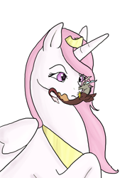 Size: 2550x3300 | Tagged: safe, artist:mistylake, discord, princess celestia, alicorn, pony, biting, dislestia, female, high res, male, micro, shipping, size difference, straight, tiny