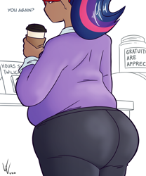 Size: 1000x1200 | Tagged: safe, artist:irateliterate, twilight sparkle, human, ass, bbw, chubby, clothes, coffee, fat, humanized, large butt, pants, solo, the ass was fat, twibutt