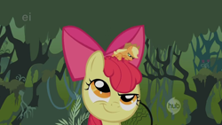 Size: 640x360 | Tagged: safe, screencap, apple bloom, applejack, earth pony, pony, bridle gossip, appletini, ei, hub logo, micro