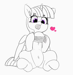 Size: 1280x1319 | Tagged: safe, artist:pabbley, twilight sparkle, twilight sparkle (alicorn), alicorn, pony, 30 minute art challenge, belly button, burger, chest fluff, female, food, happy, heart, heart eyes, holding, mare, monochrome, open mouth, partial color, sitting, smiling, solo, twilight burgkle, underhoof, wingding eyes