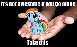 Size: 964x587 | Tagged: safe, rainbow dash, human, pony, bow, cute, dashabetes, filly, hand, image macro, irl, irritated, it's dangerous to go alone, micro, photo, ponies in real life, take this, the legend of zelda