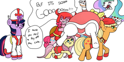 Size: 1260x633 | Tagged: safe, artist:idylex, applejack, fluttershy, pinkie pie, princess celestia, twilight sparkle, alicorn, earth pony, pegasus, pony, cake, cakelestia, carrying, chubbylestia, fat, fat princess, food, pope, warrior