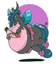 Size: 3972x4474 | Tagged: safe, artist:daikanu, queen chrysalis, reversalis, anthro, changeling, changeling queen, unguligrade anthro, arrow, bbw, belly, big breasts, bow (weapon), bow and arrow, breasts, cleavage, clothes, cupid, cute, cutealis, fat, female, happy, huge breasts, impossibly large belly, queen chrysalard, queen chrysaltits, silly, solo, ssbbw, tutu, weapon