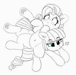 Size: 3624x3579 | Tagged: safe, artist:pabbley, maud pie, rarity, earth pony, pony, unicorn, belly button, cute, ear fluff, eye clipping through hair, female, frog (hoof), happy, heart, lying on top of someone, mare, maudabetes, monochrome, neo noir, on back, partial color, raribetes, shocked, shrunken pupils, smiling, underhoof
