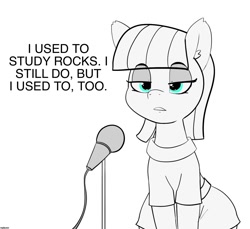 Size: 1500x1376 | Tagged: safe, artist:pabbley, edit, maud pie, earth pony, pony, deadpan, dialogue, female, joke, mare, maud the comedian, microphone, mitch hedberg, monochrome, neo noir, partial color, solo, stand-up comedy, text