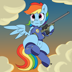 Size: 5000x5000 | Tagged: safe, artist:pabbley, rainbow dash, pegasus, pony, absurd resolution, belly button, clothes, cloud, cute, dashabetes, female, flying, gun, rifle, socks, solo, weapon