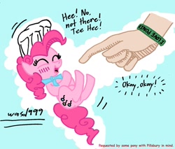 Size: 1446x1232 | Tagged: safe, artist:wasd999, pinkie pie, human, pony, hand, micro, tickling