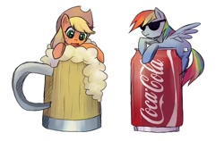 Size: 770x486 | Tagged: safe, artist:keterok, applejack, rainbow dash, earth pony, pegasus, pony, cider, coca-cola, cup of pony, drink, micro, soda, sunglasses