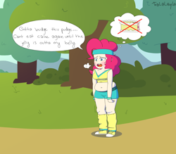 Size: 1600x1400 | Tagged: safe, artist:tralalayla, pinkie pie, human, belly button, cake, chubby, clothes, exercise, fat, food, gym uniform, humanized, muffin top, need to lose weight, pudgy pie, solo, speech bubble, weight gain, workout outfit