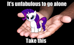 Size: 964x587 | Tagged: safe, rarity, pony, unicorn, blushing, cute, image macro, it's dangerous to go alone, micro, raribetes, take this, the legend of zelda