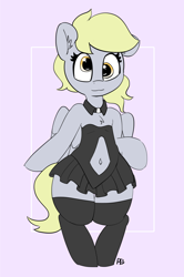 Size: 4962x7462 | Tagged: safe, artist:pabbley, derpy hooves, pegasus, pony, absurd resolution, adorasexy, belly button, bipedal, black dress, chest fluff, clothes, cute, dress, female, mare, navel cutout, sexy, socks, solo, stockings, thigh highs