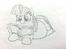 Size: 837x628 | Tagged: safe, artist:anonymous, twilight sparkle, book, fat, grayscale, magic, monochrome, sketch, solo, traditional art, twilard sparkle