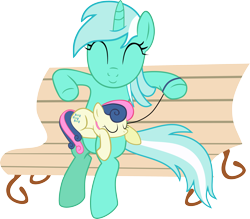 Size: 3430x3000 | Tagged: safe, artist:schaafii, bon bon, lyra heartstrings, sweetie drops, earth pony, pony, unicorn, bench, collar, eyes closed, leash, micro, pony pet, sitting, tiny, tiny ponies